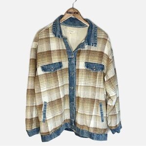 And The Why Full Size Women's 1X Washed Denim Detail Brushed Plaid Jacket Beige
